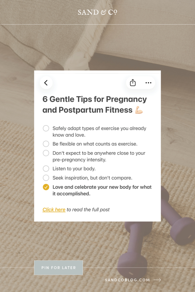 Pregnancy and postpartum fitness tips list with hand weights dumbbells